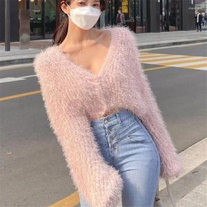 Kadın Örgü Bulanık Yumuşak Örgü Seksi Dee V Boyun Kısa Kazak Bahar Moda Siyah Beyaz Pembe Mink Cashmere Hardigan Uzun Kollu Gevşek