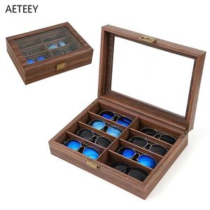 8 Slots Sunglasses Display Case Vintage Brown Glasses Show Storage Sticker Solid Wood Grain Organizer Collection Box 240106