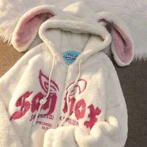 Kuzu yün kazak kış kıyafetleri kadınlar Kore tasarım nakış sevimli tavşan ers gevşek kalınlaşmış ceket harajuku goth y2k kıyafetler 240106