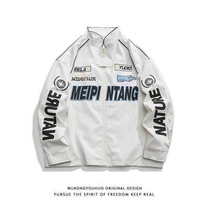 Wukong, American Street Hip-Hop İşlemeli PU Deri Motosiklet Ceket Erkek Marka Gevşek Bir Çift Sıradan