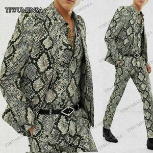 Ceket yılan baskılı takım elbise erkekler genç canlılık parti elbisesi tek göğüslü palto pantolon tasarım 2 adet kulüp bar damat düğün smokin