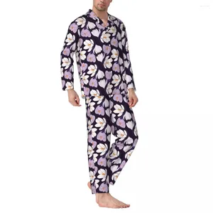 Erkekler Placrowar Lavanta Çiçek Baskı Bahar Mor Crocus Vintage büyük boy pijama setleri adam uzun kollu sıcak uyku özel ev takım elbise