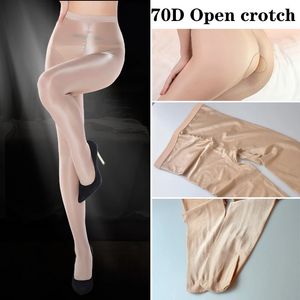 70D Women Sexy Shiny open Crotch Glossy Oil Pantyhose Tights thick good quality One Line High stretch oil Stockings 240106