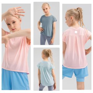 LU-1883 Çocuk Yaz Gevşek Serin Yoga T-Shirt Hızlı kurutma Nefes alabilen açık hava sporları üst fitness T-shirt kısa kollu