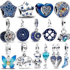 New 925 Sterling Silver Galaxy Heart Medallion Charm for Pan Bracelet Blue Butterfly Charms for Women Necklace DIY Jewelry