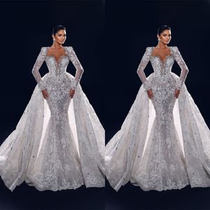 Luxo cristal sereia vestidos de casamento diamante vestidos de noiva destacável trem ilusão manga longa frisado v pescoço varredura trem robe