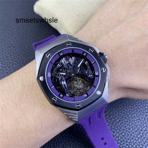 Роскошные мужские часы, фиолетовые спортивные часы, ограниченная продажа, сапфировый резиновый настоящий ремешок, турбийон, крутые мужские часы