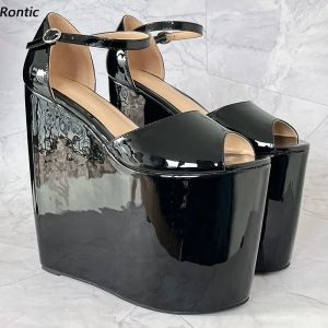 Rontic Real Pictures женские летние сандалии на платформе на блестящей танкетке, элегантные черные туфли на высоком каблуке с открытым носком, размеры США 5-15