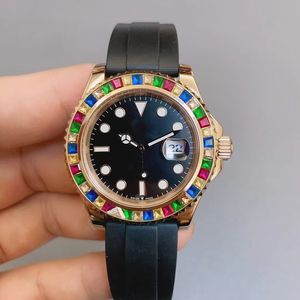 Moda colorida diamante açúcar bezel moldura movimento mecânico automático relógio masculino 40mm mostrador preto com pulseira de borracha luminosa em escala de safira