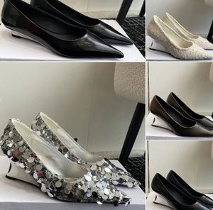 Cotemp ayakkabıları moda kama düz dip Tarelka Sandal Tasarımcı Kadın Yüksek Topuklu Saçyolu Tekne Ayakkabıları ve Tek Ayakkabılar Deri Pullu Kare Toe Loafers