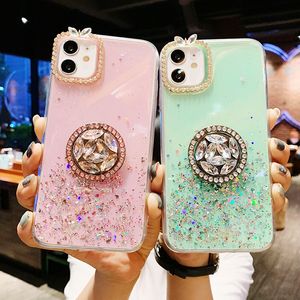 Glitter elmas telefon kasası ile yüzük kickstand 3d rhinestone tutucu kadınlar hediye ışıltılı folyo tpu iphone 15 14 13 12 11 Pro max xs 8 7 Plus