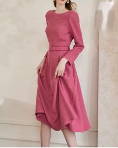 Casual Dresses Elegant lace up tweed dress with a fiery dragon fruit color and a large swing skirt