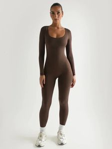 Women Square Neck Sexy Warm Bodusuit Jumpsuit Autumn Winter Overalls for Solid Color Long Sleeve Yoga 240109