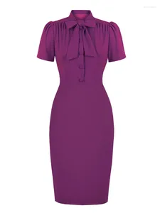 Vestidos Casuais 2024 Escritório Vintage 50s 60s Wiggle Dress Nó Gravata Botão Up Roxo Manga Curta Mulheres Elegante Bodycon Sólido Verão