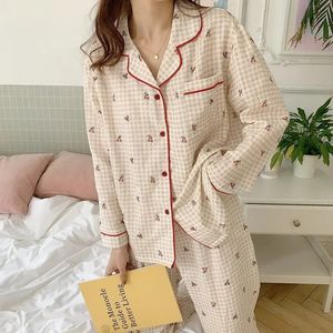 Модная одежда для сна, корейские пижамы, женские осенние милые пижамы с принтом в виде сердца, пижама с длинными рукавами, женский комплект, костюм-неглиже, кардиган 240110