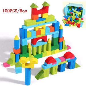 100pc brinquedos de madeira para crianças blocos de construção conjunto com caixa armazenamento montado cedo educacional crianças 240110
