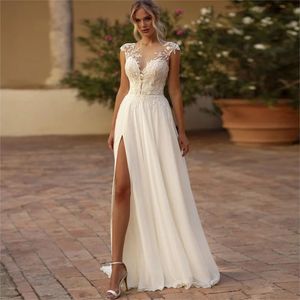 Stunningbride 2024 Elegant Boho Lace Wedding Dress Simple Chiffon O-Neck Illusion Sexy Back Beach Side Split Appliques Bridal Party Gowns