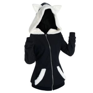 Kadın Hoodies Uzun Kollu Hoodie Sweatshirt Koreli Anime Harajuku Cosplay Kedi Kulak Sahte Kürkler Ekleme Zip Ceketler Dış Giyim 240109
