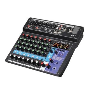 Professional Audio Mixer 8Channel Sound Mixing Console A8 Support Bluetooth USB 48V Power Interface for Karaoke Party Recording 240110