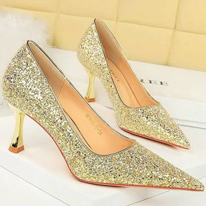 Kadınlar 7cm yüksek topuklu ayakkabılar düğün scarpins ışıltılı orta düşük bayan parti payetleri parıltılı akşam altın gümüş şampanya ayakkabıları 240110