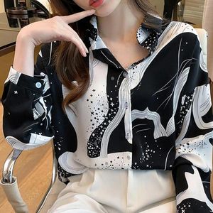 Blusas femininas turn-down colarinho manga longa camisa feminina primavera outono botões fechamento preto branco impressão na moda para a vida diária
