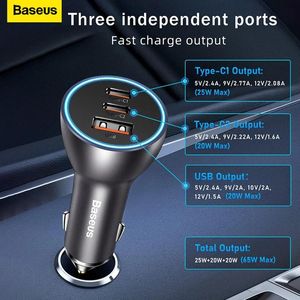 Chargers Baseus 65W USB Type C Car Charger Quick Charge QC 4.0 PD 3.0 Fast Charge Charger in Car For iPhone 13 Pro Xiaomi Samsung Huawei