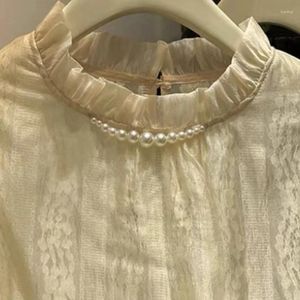 Женские блузки, качественные двухслойные рубашки с кружевом из бисера и для женщин, весна 2024, бежевый топ с длинными рукавами Blusas Para Mujer