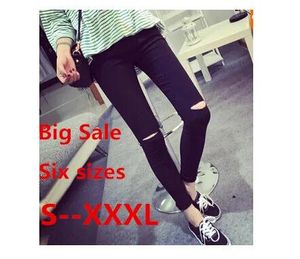Jeans renyvtil plus size 2020 algodão elástico alto feminino preto cintura alta jeans rasgados joelho magro calças lápis fino capris 3xl