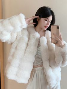Модное пальто из искусственной кроличьей шерсти, женское зимнее теплое роскошное меховое пальто больших размеров, верхняя одежда, женский жилет, пальто бежевого цвета 240110