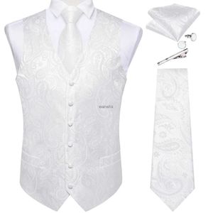 Erkek yelekleri saf beyaz düğün yeleği erkek için kolsuz v yaka lüks erkek yelek yelek kravat cep kare kolklinks klip 5 adet Set hediye240104