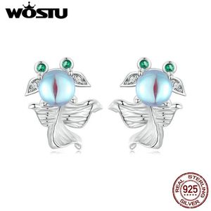 Küpe Wostu 925 STERLING Gümüş Gökkuşağı Moonstone Balık Saplama Kadınlar İçin Küpeler Yeşil CZ Joldfish Ear Studs Party Mücevher Aksesuarları