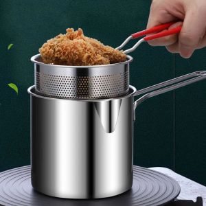 Kitchen Deep Frying Pot With Strainer 304 Stainless Steel Tempura Frying Pan Chicken Fried Cooking Tools