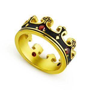 Erkek taç yüzüğü kraliyet kral taç şövalye çapraz yüzükler 14K Sarı Altın Kırmızı Zirkon Alyans Kadın Erkekler