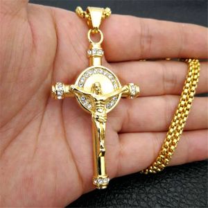 İsa Cross Kolye Kolye 14K Sarı Altın Zincir ve Altın Renkli Kalifli Rhinestones Buzlu Bling Mücevherleri Kadın Erkekler