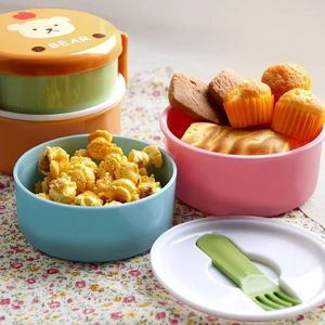 Louça 540ml Cute Mini Lunch Box Cartoon Double-Layer Round Bento Children's Fruit Snack Microondas Crianças