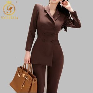 Kadınlar Düzensiz Tulum Çifte Breased Blazer Ceket ve İnce Kalem Pantolon 2 Parçası Ofis İşine Kadın Giyim Set 240112