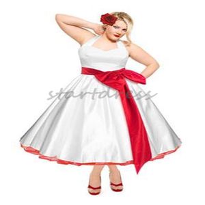 Vintage 1950'ler artı beden gelinlik kırmızı kuşak seksi yular çay uzunluğu saten ülke boho kısa gelin elbisesi zarif yaz plajı bohem gelin elbise bornoz mariage