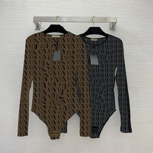 Mesh se genom kvinnor underkläder bokstav flockar svart brun leotard bodysuit långärmad kroppsskjorta sexig botten toppar underkläder