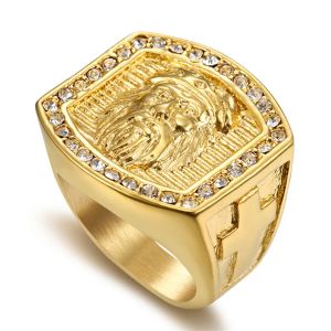 Hip Hop Takı Buzlanmış İsa Cross Ring Altın Renk 14K Sarı Altın Yüzük Erkekler İçin Dini Takı Dropshipping Bague Homme