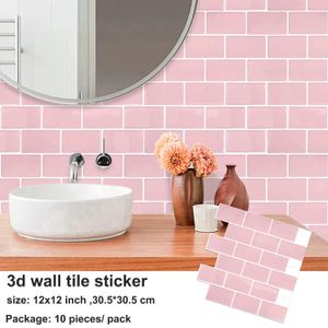 10 yaprak pembe duvar çıkartmaları 3D tuğla bater geçirmez duvar kağıdı banyo mutfak backsplash fayans ev dekorasyon 240112