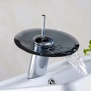Banyo lavabo musluklar renkli cam şelale havzası musluk krom tek kol güverte monte yuvarlak karıştırıcı musluk cl-7149