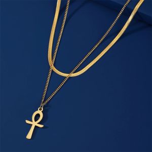 Amuleto egito ankh cruz colar 14k ouro amarelo dupla camada clavícula cobra corrente crucifixo jóias egípcias para mulher