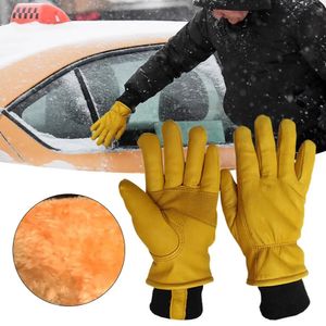 1 Pair Faux Leather Work Gloves Winter Waterproof Thermal Insulated Gloves Fleece Lining Elastic Cuffs Warm Mittens 240112