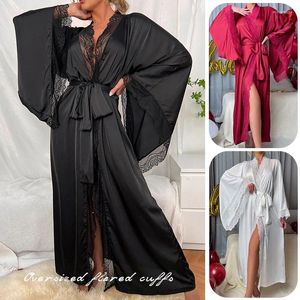 Kadın pijama bayanlar saten ipek uzun kollu elbiseler kimono kadınlar için gece günlüğü dantel v boyun gece elbisesi yumuşak ve rahat gecelik