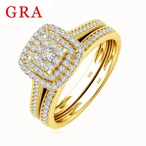 2pcs желтое золото кольца, установленные для женщин, 100% настоящий пас с бриллиантами, обручальные ювелирные ювелирные изделия Пара подарков 240112