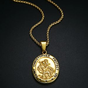 Saint Christopher Kolye Adam 14K Sarı Altın Katolik Patron St Madalye Kolye Takı Gezgin Madalyon Kolye