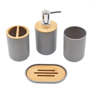 Bath Accessory Set 4Pcs Bathroom Accessories Bamboo Shower Soap Dispenser Toothbrush Holder Toilet Brush Trash Can Essential