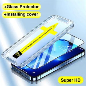 Protetores de tela de telefone celular de vidro temperado para iPhone 15 Pro Max 15Plus 14Plus 13 Pro 12 11 Xsmax XR com kit de limpeza Protetores de instalação de eliminação automática de poeira