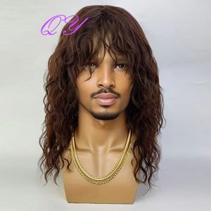 Синтетические мужские длинные коричневые натуральные вьющиеся мужские волосы с челкой для вечеринки или косплея, регулируемые волнистые мужские волосы 240113