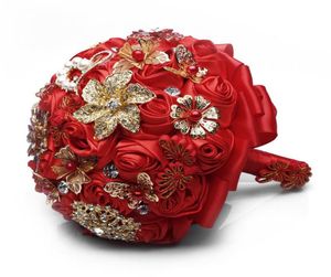 Rote Satinblumen im China-Stil, Brautsträuße, Kristallbrosche, Brautjungfer mit Blumen, handgefertigt, 2019, manueller Blumenstrauß57848814422137